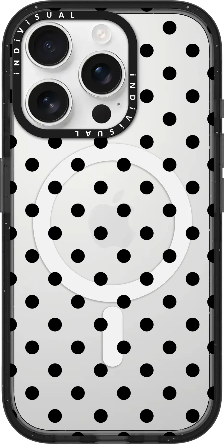 Black polka-dot pattern, monochrome, repeating geometric layout.