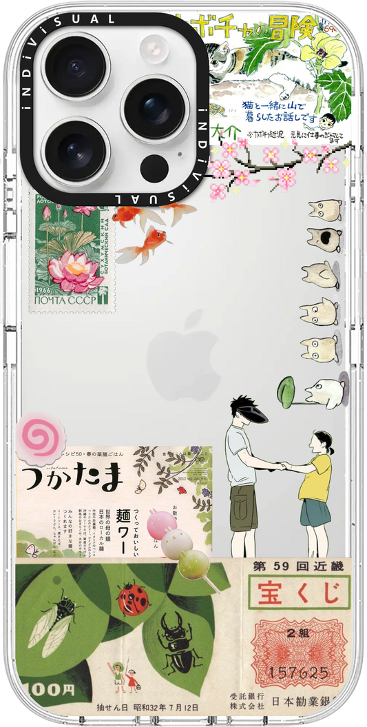 Manga cat, goldfish and vintage Japanese ephemera collage in cartoon style on black, green and pink tones