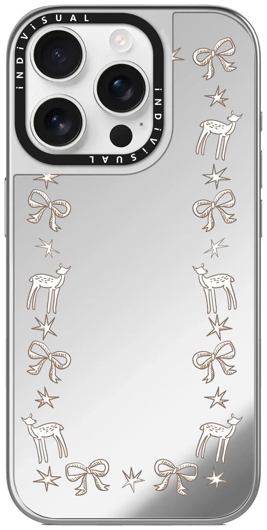 Line-art bows, stars and deer forming a soft border, minimalist layout, brown on mirror-like surface.