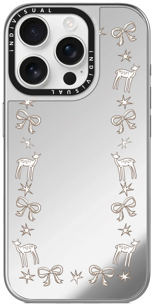 Line-art bows, stars and deer forming a soft border, minimalist layout, brown on mirror-like surface.