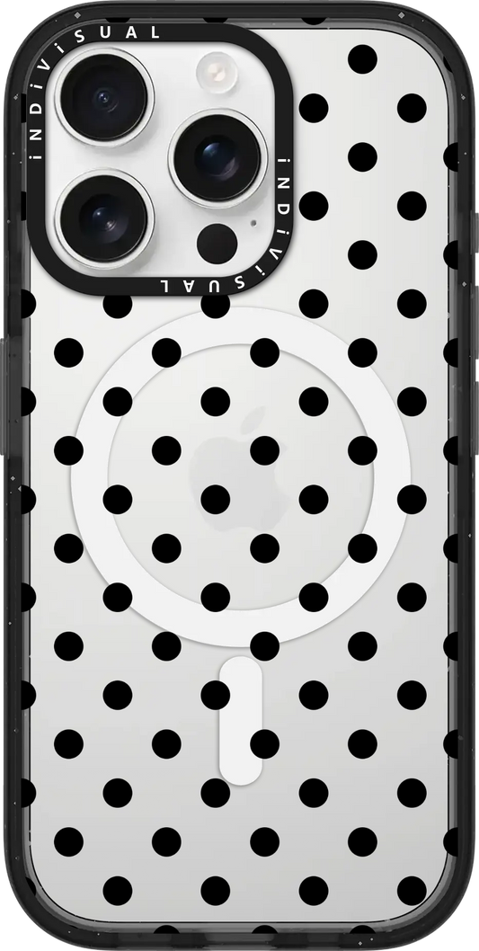 Black polka-dot pattern, monochrome, repeating geometric layout.