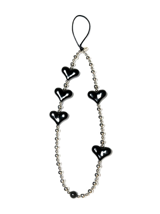 Y2K Silver Beads and Black Heart Phone Charm